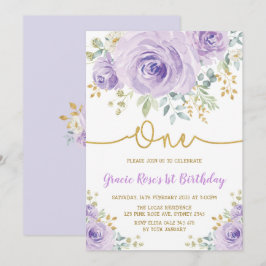 Lila Lavender Rose Girl 1. Geburtstag Party Einladung