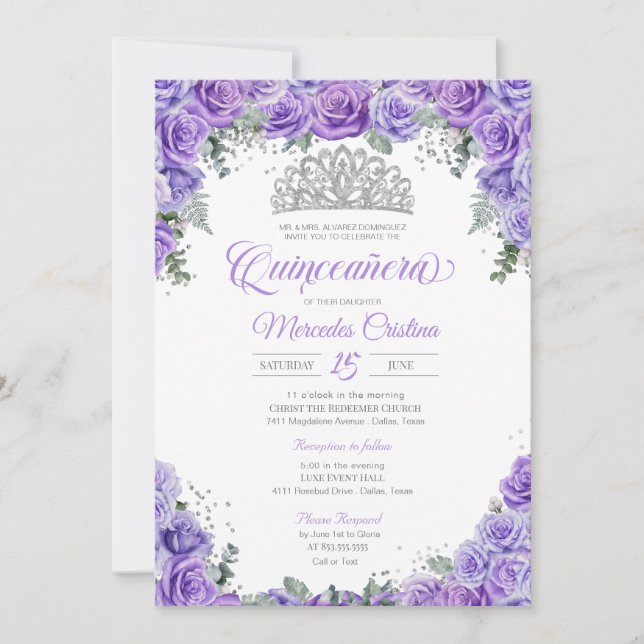 Lila Lavender Rose & Silver Tiara Quinceanera Einladung (Vorderseite)