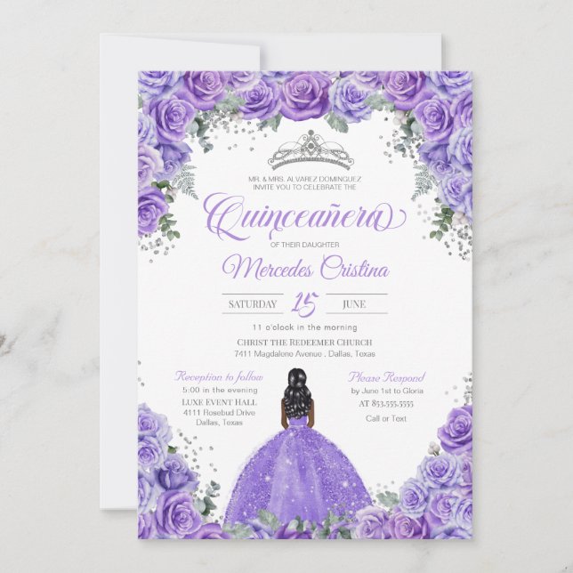 Lila Lavender Rose Silver Tiara Quinceanera Einladung (Vorderseite)