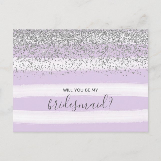 Lila Lavender & Silver Glitzer meine Bridesmaid Einladungspostkarte (Vorderseite)