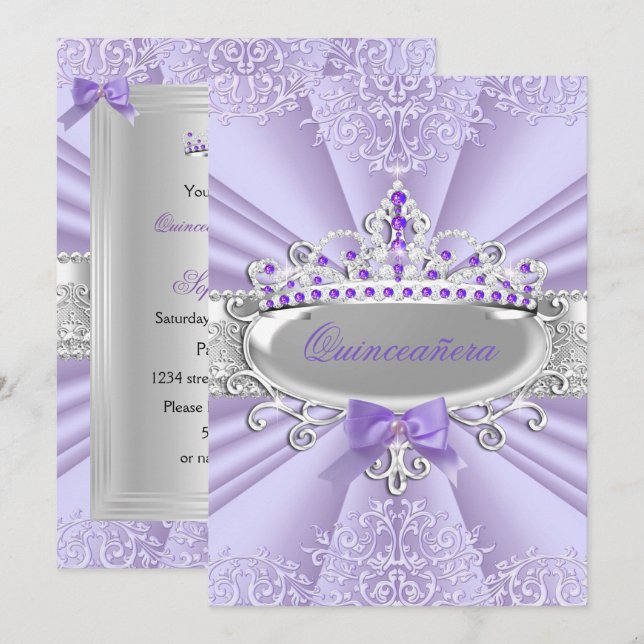 Lila Lavender Tiara Damask Quinceanera Party Einladung (Vorne/Hinten)
