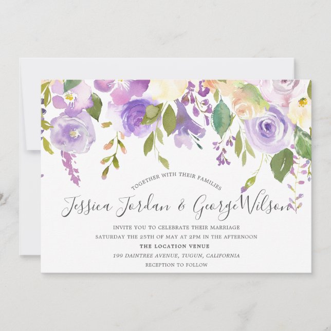 Lila Lavender Watercolor Blume Hochzeit einladen Einladung (Vorderseite)