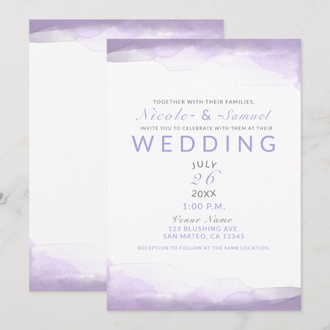 Lila Lavender Watercolor Moderne schicke Hochzeit Einladung (Vorne/Hinten)