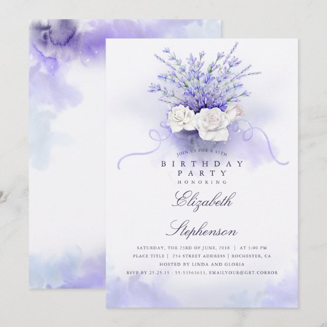 Lila Lavenders Elegante Blumengeburt Party Einladung (Vorne/Hinten)