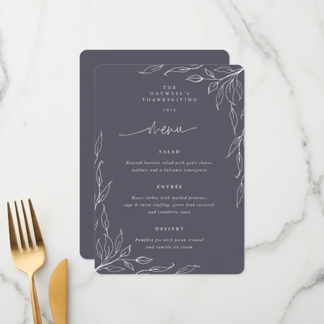 Lila Leaf Motif Erntedank Dinner Menükarte (Vorderseite/Rückseite Beispiel)