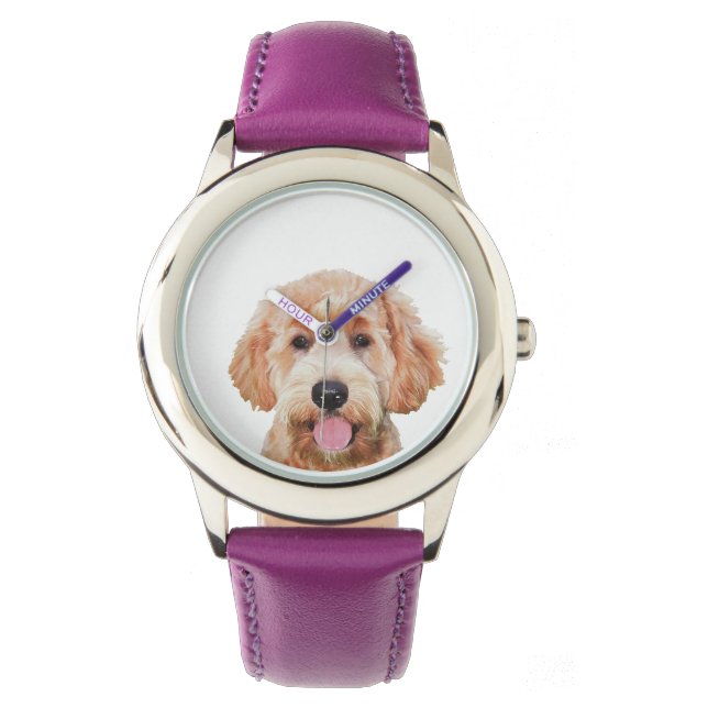 Lila Ledergurtüberwachung des Kindes mit goldener  Armbanduhr (Vorderseite)