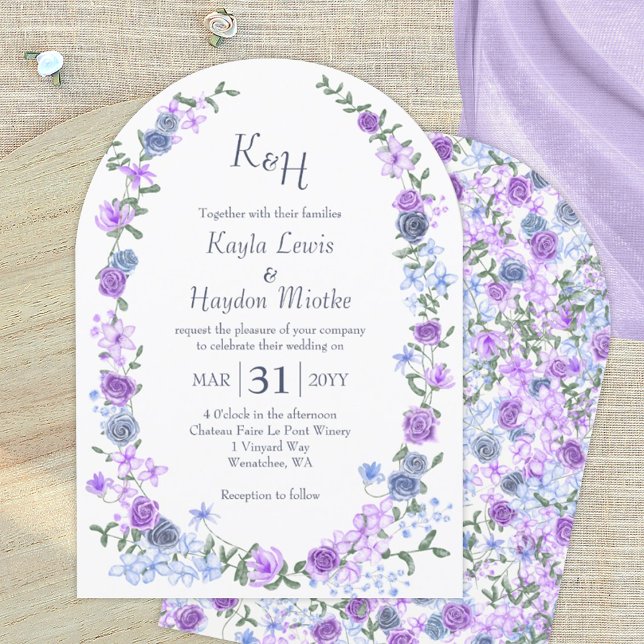 Lila & leicht Blue Rose Garden Wedding Arches Einladung (purple lavender blue roses arched wedding invitation, rose garden arches, rose vines)