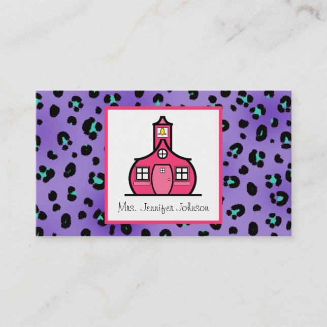Lila Leopard-Druck-Rosaschoolhouse-Lehrer Visitenkarte (Vorderseite)