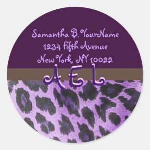 Lila Leopard-Pelz-Monogramm-Adressen-Etiketten Runder Aufkleber