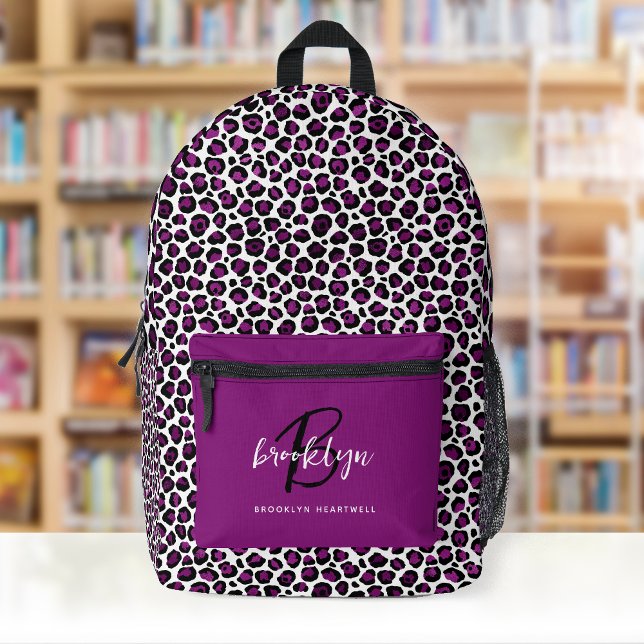 Lila Leopard Print Monogram Name Back to School Bedruckter Rucksack (Von Creator hochgeladen)