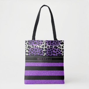 Lila Leopard und Lila schwarzer Glitzer Streifen Tasche