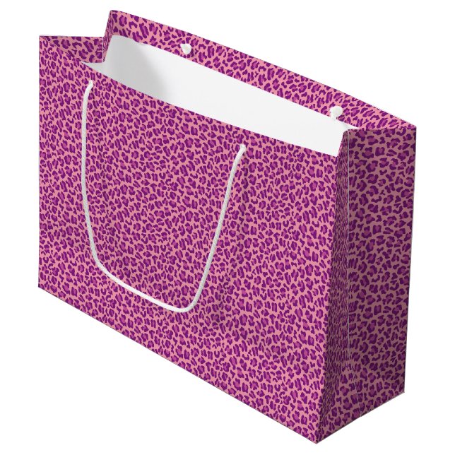 lila Leopardenmuster Große Geschenktüte (Vorderseite Schrägansicht)