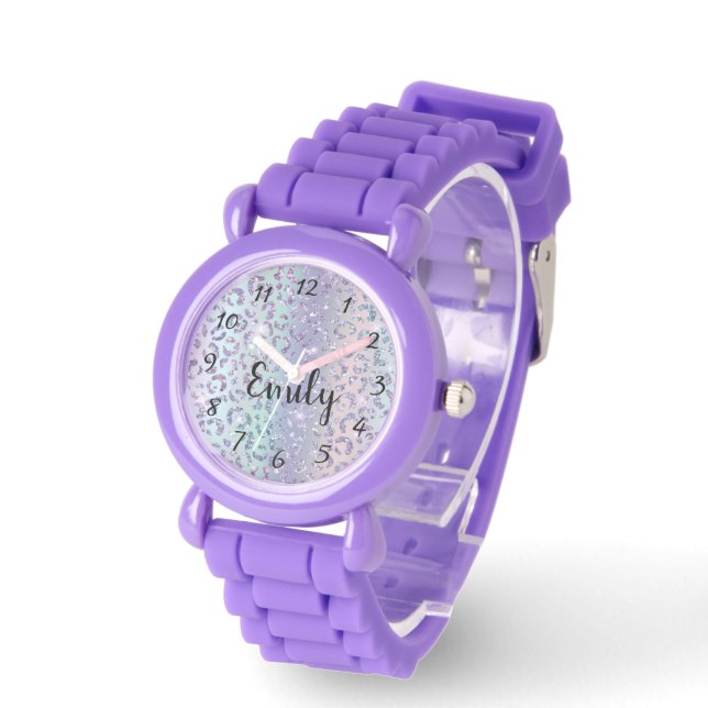 lila Leopardenmuster personalisiert Armbanduhr (Winkel)