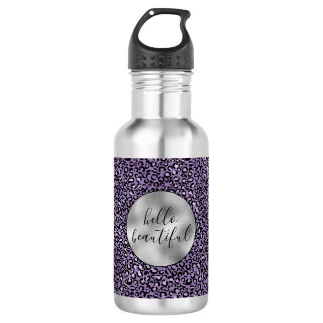 Lila Leopardrucke Edelstahlflasche (Vorderseite)
