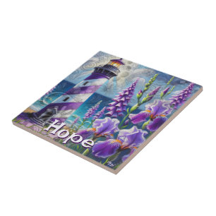 Lila Leuchtturm mit Foxglove & Iris Personalisiert Fliese