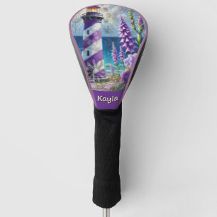 Lila Leuchtturm mit Foxglove & Iris Personalisiert Golf Headcover