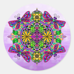 Lila Libelle und Blume Mandala Handgezeichnet Runder Aufkleber