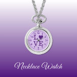 Lila Liebe Armbanduhr<br><div class="desc">Necklace Watch Geschenk. Mit dem Wort "Liebe" und einer Herzform,  die den Buchstaben O. Dunkel und hell lila ersetzt.</div>