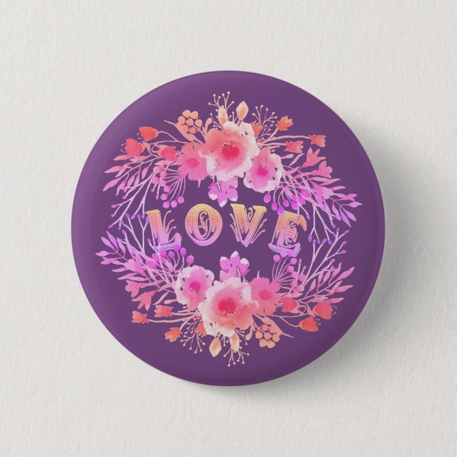 Lila LIEBE in Aquarellfarben-Blume Button (Vorderseite)