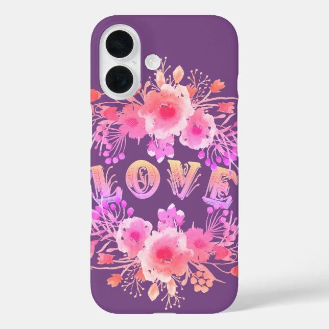 Lila LIEBE in Aquarellfarben-Blume iPhone 16 Hülle (Rückseite)