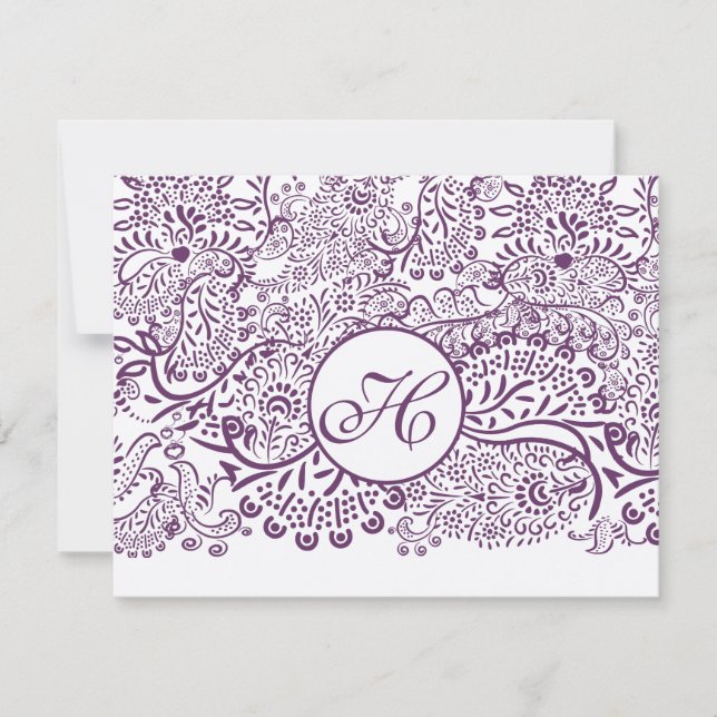Lila Liebesgeburten Damask Monogram Weddings UAWG RSVP Karte (Vorderseite)