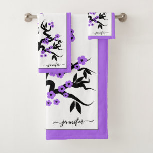 Lila Liebesvögel Kirschbaum, Blüten und Grenze Badhandtuch Set