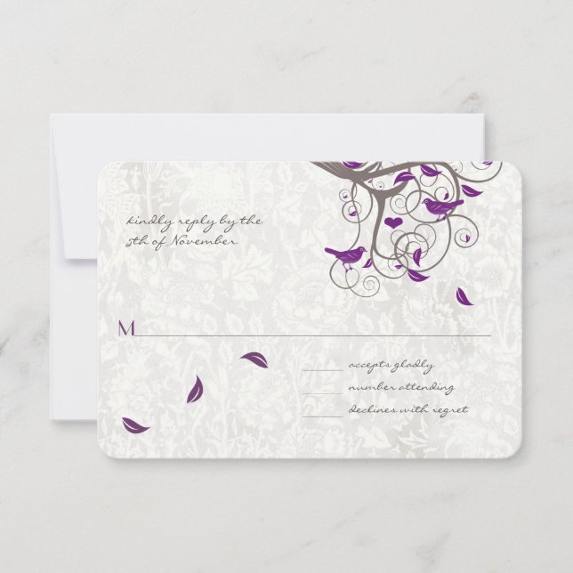 Lila Liebesvogel Rustikale Treppenhochzeit RSVP Karte (Vorderseite)