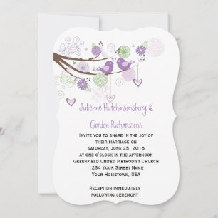 Lila Liebesvögel Wirbel Handgezeichnete Blumenzehe Einladung