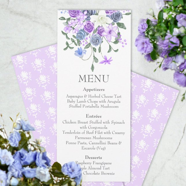Lila Light Blue Rose Bouquet Dinner Menu Einladung (purple lavender light dusty blue wedding reception dinner menus, rose bouquet, springtime summer )