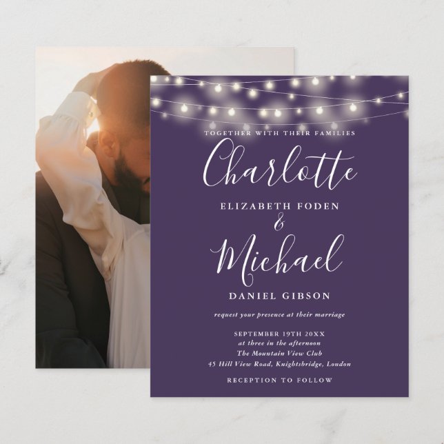 Lila Lights Foto Hochzeitseinladung (Vorne/Hinten)