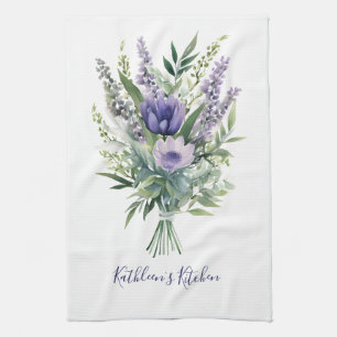 Lila lila Blumen Grünzeug Florales Bouquet Geschirrtuch