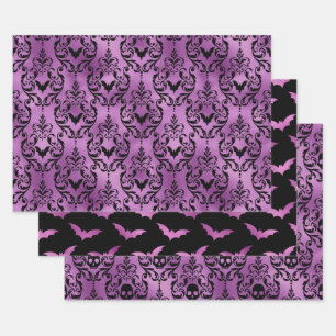 Lila Lila Fledermaus und Totenkopf Halloween Damas Geschenkpapier Set