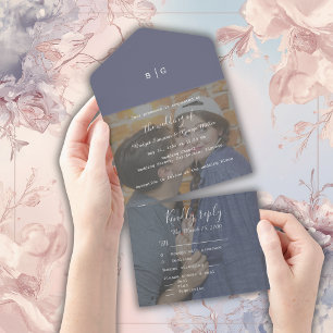 lila Lila-Monogramm-Foto-Hochzeit All In One Einladung