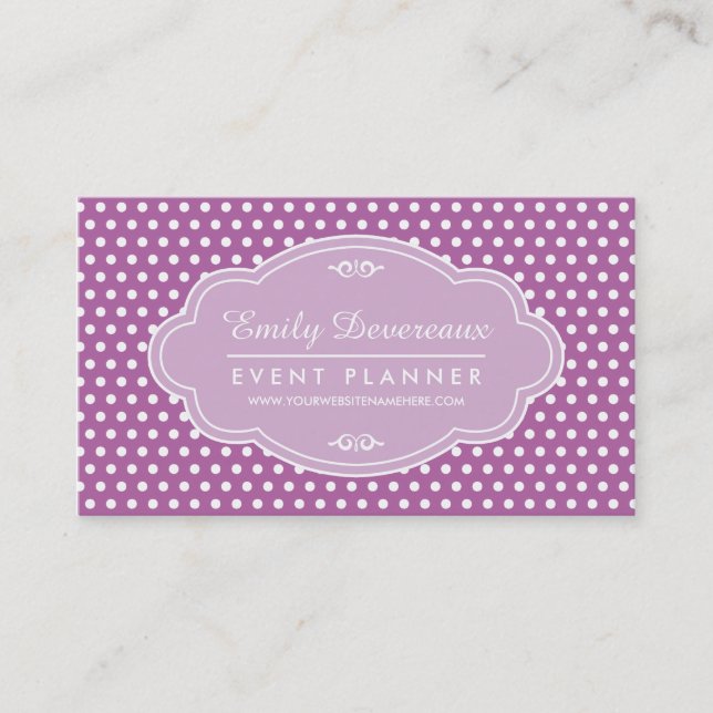 Lila lila Polka-Punkt-personalisiertes Monogramm Visitenkarte (Vorderseite)