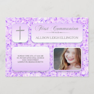 Lila lila Rosen-erstes Kommunions-Gewohnheits-Foto Einladung