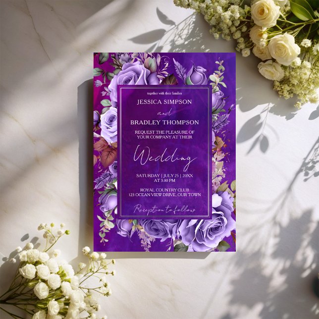 Lila lila Vintage Rose Einladung (Purple lilac  velvet vintage roses elegant wedding invitation cards template instant download)