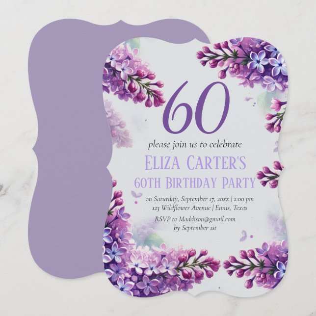 Lila Lilac 60th Floral Elegant Geburtstag Einladung (Vorne/Hinten)