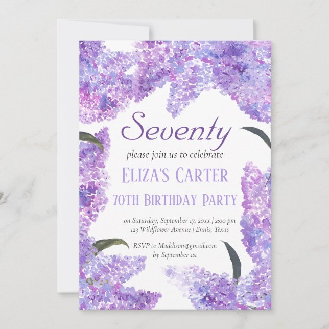 Lila Lilac 70. Siebzig Blumengestein Elegant Gebur Einladung (Vorderseite)