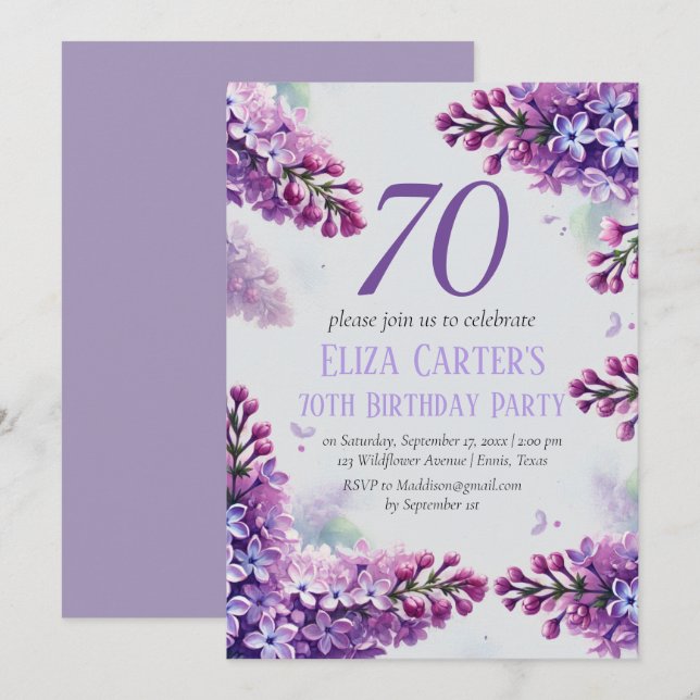 Lila Lilac 70th Floral Elegant Geburtstag Einladung (Vorne/Hinten)