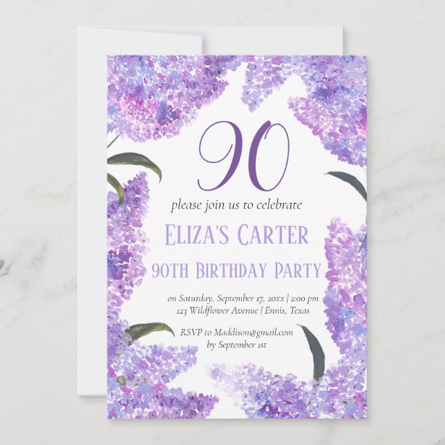 Lila Lilac 90th Floral Elegant Geburtstag Einladung (Vorderseite)