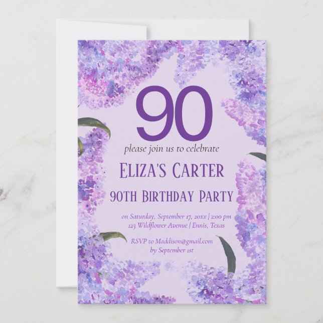 Lila Lilac 90th Floral Elegant Geburtstag Einladung (Vorderseite)