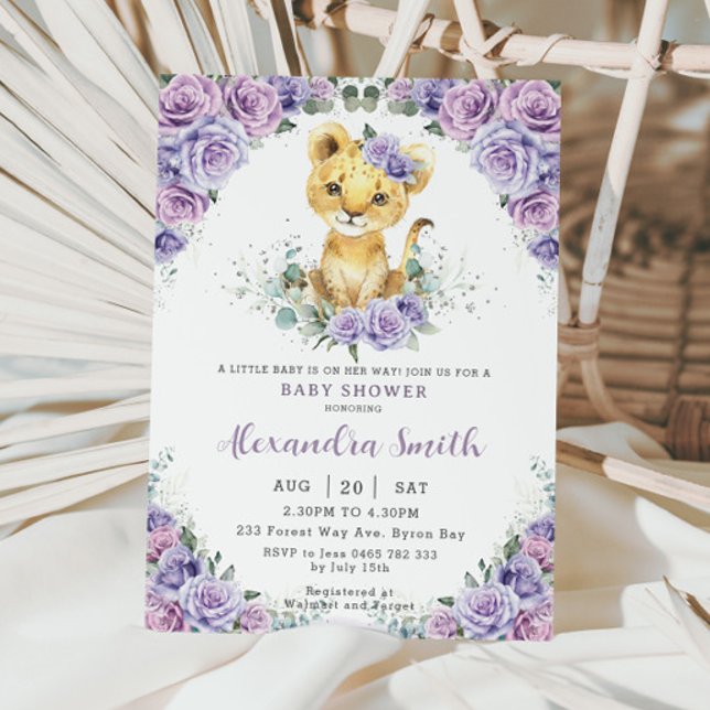 Lila Lilac Floral Adorable Lion Cub Kinderdusche Einladung (Von Creator hochgeladen)