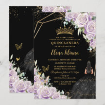 Lila Lilac Floral Black Dress Gold Quinceañera