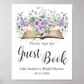 Lila Lilac Floral Book Chapter Bridal Guest Book Poster
