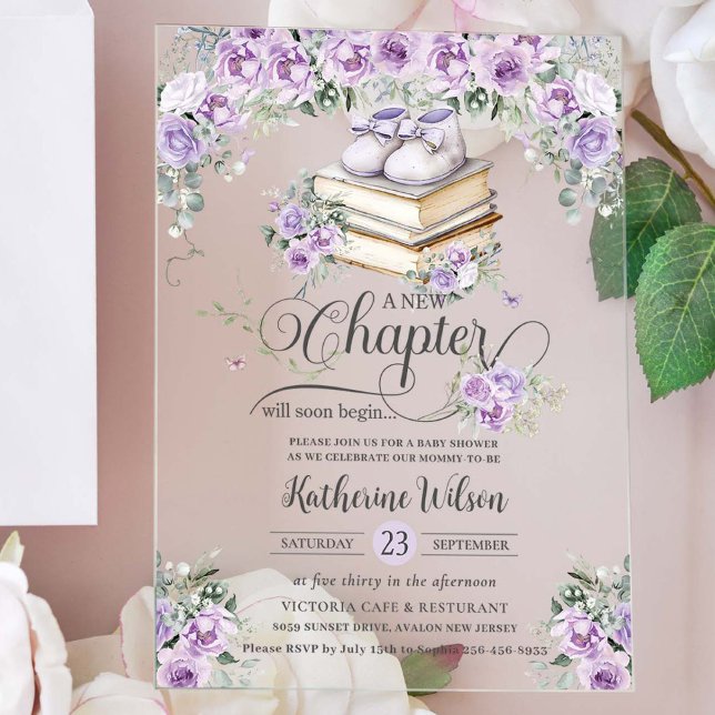 Lila Lilac Floral Book Neues Kapitel Kinderdusche Acryleinladungen (Von Creator hochgeladen)