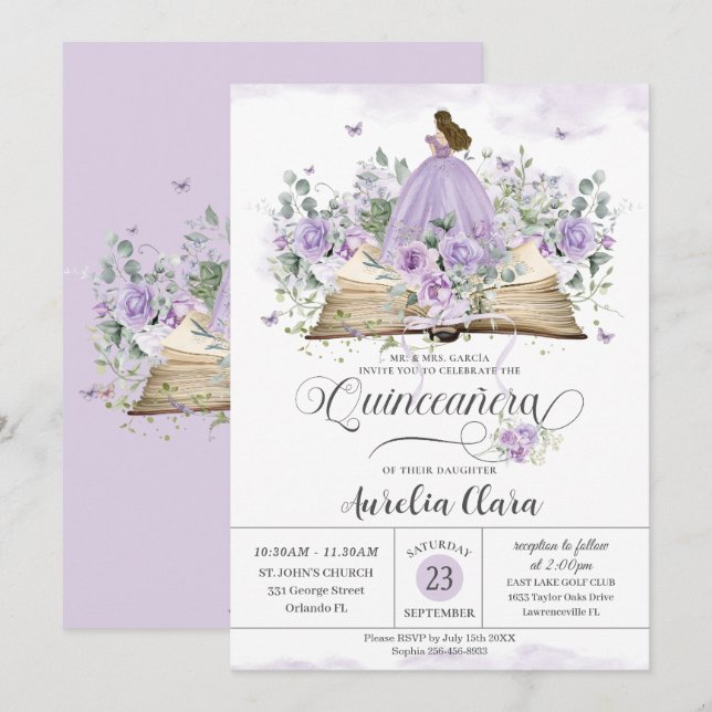 Lila Lilac Floral Book New Chapter Quinceañera Einladung (Vorne/Hinten)