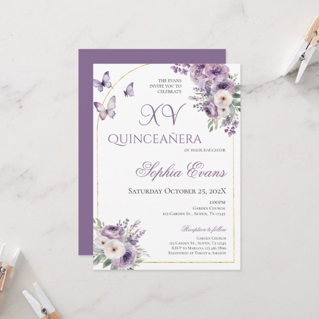 Lila Lilac Floral Butterfliegen Quinceañera Einladung (Vorderseite/Rückseite Beispiel)