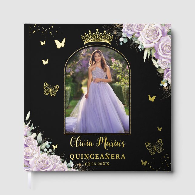 Lila Lilac Floral Butterfliegen Quinceañera Foto Gästebuch (Vorderseite)