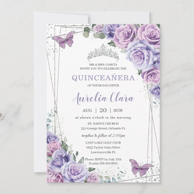 Lila Lilac Floral Butterfliegen Silver Quinceanera Einladung (Vorderseite)