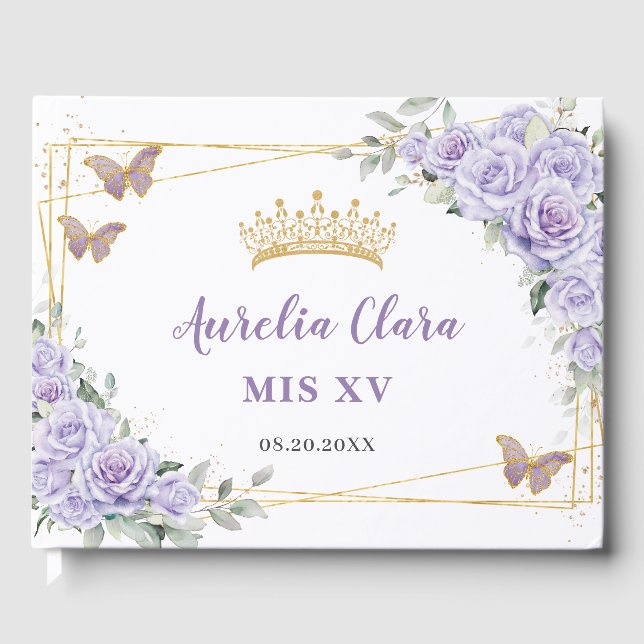 Lila Lilac Floral Butterflies Gold QUINCEAÑERA Gästebuch (Vorderseite)